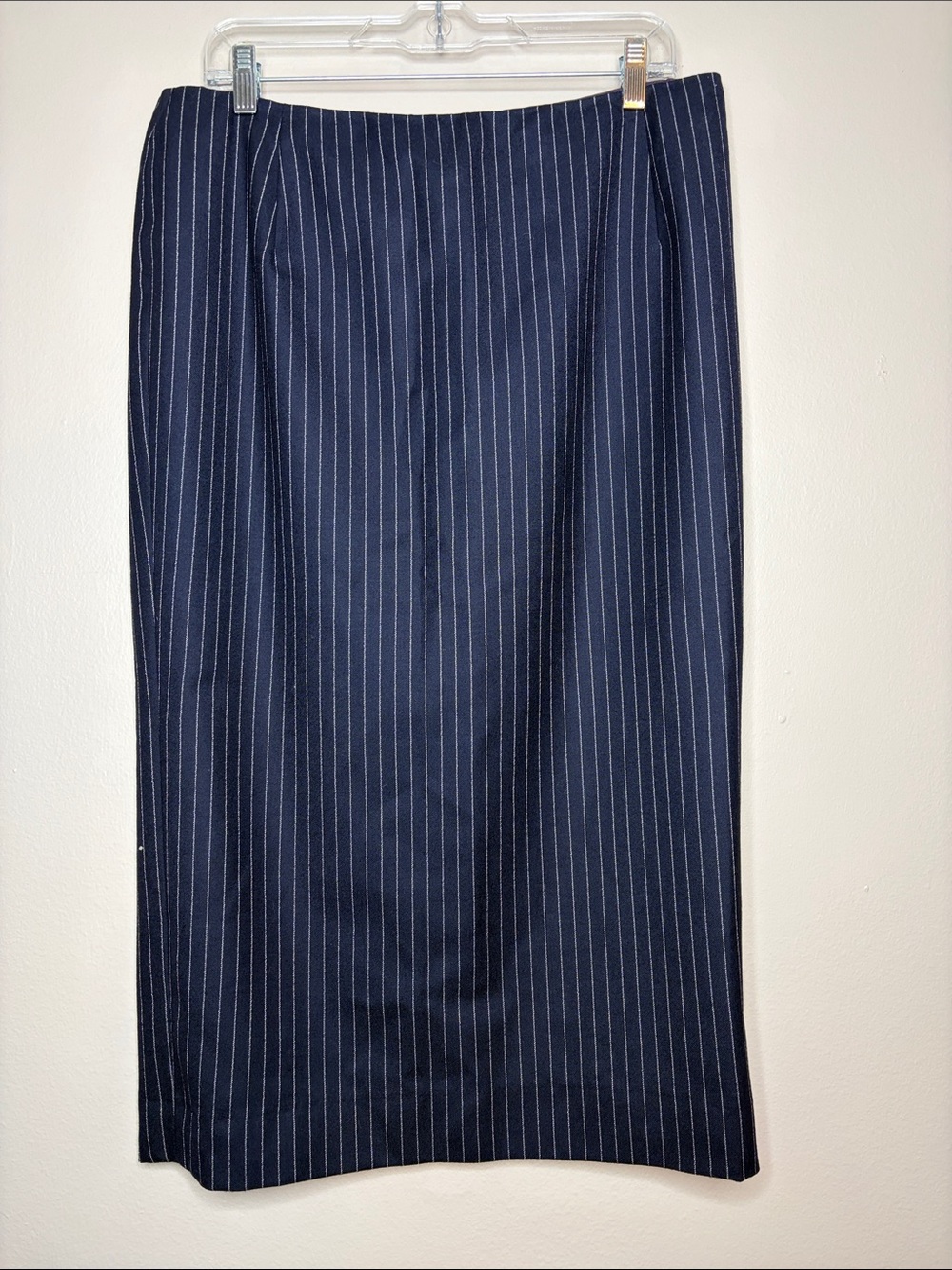 VTG Anne Klein Lion Tag 100% Virgin Wool Pinstripe Skirt Navy - EUC Size 10 CBK